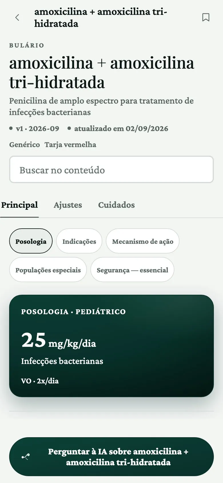 A ficha de bulário da amoxicilina no Conduta: apresentações, dose por indicação e ajustes.