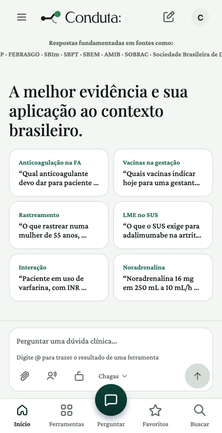 A tela inicial do Conduta, com seis perguntas de exemplo.